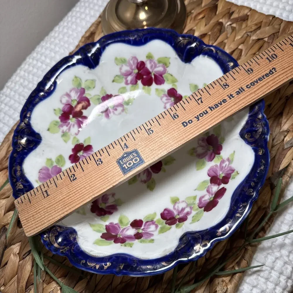 Vintage Japanese Porcelain Floral Serving Bowl Cobalt Blue Rim Scalloped MCM 9”